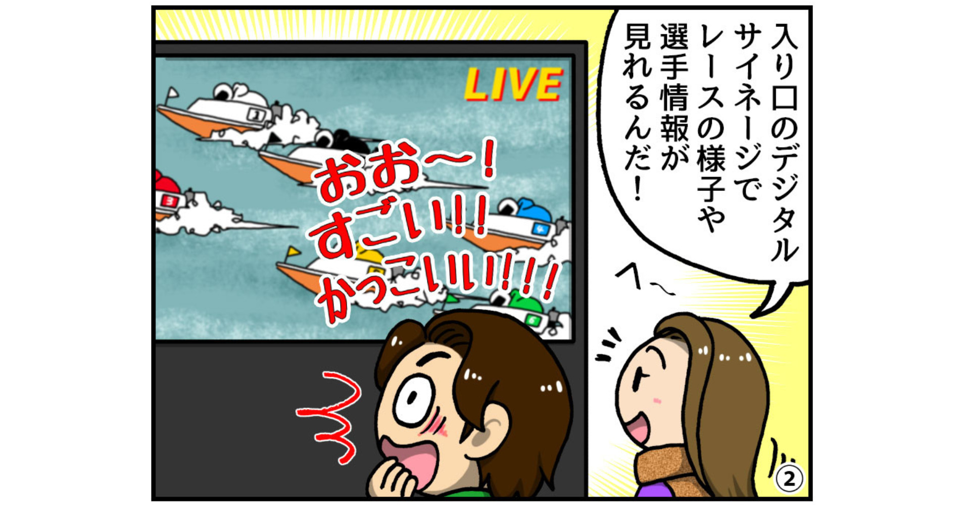 【4コマ漫画】デジタルサイネージでボートレースが大人気に！？
