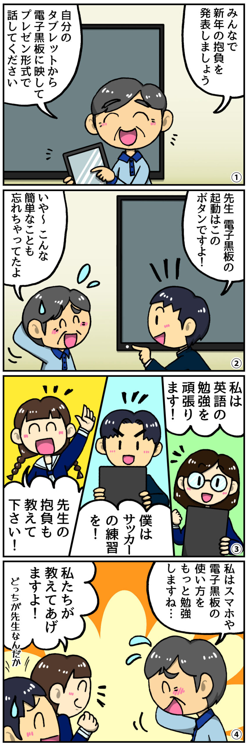 【ヤマサイ漫画コラム】電子黒板で新年の抱負をクリエイティブに発表